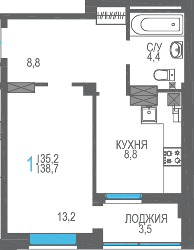 38,7 м², 1-комнатная квартира 5 921 100 ₽ - изображение 1