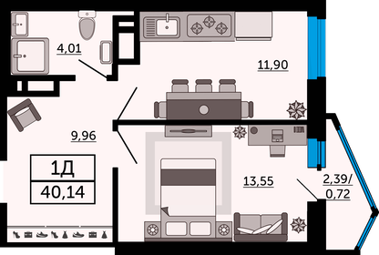 Квартира 40,1 м², 1-комнатная - изображение 1