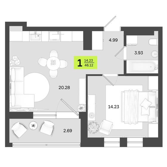 46,1 м², 1-комнатная квартира 7 379 200 ₽ - изображение 1