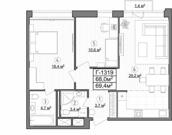 69,4 м², 2-комнатные апартаменты 21 841 600 ₽ - изображение 1