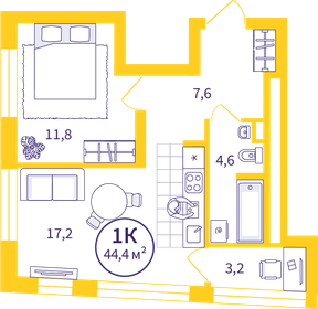 Квартира 42,8 м², 1-комнатная - изображение 1