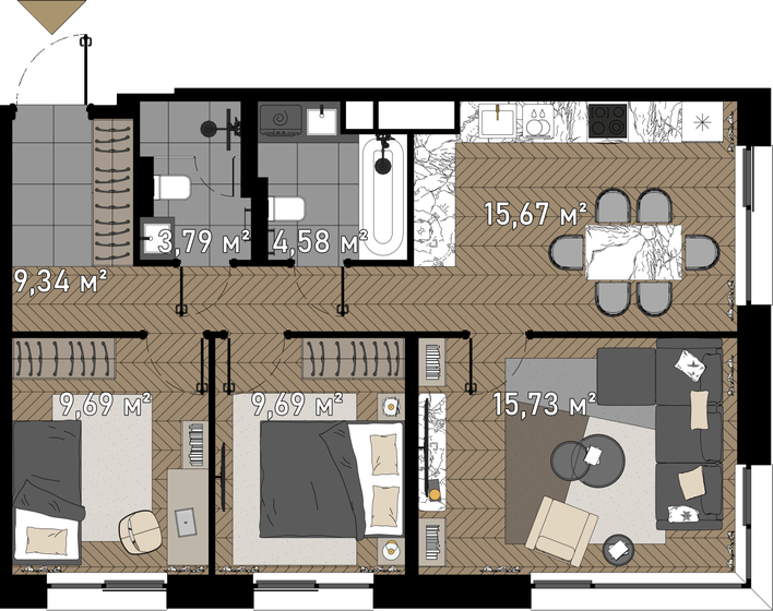 68,5 м², 3-комнатные апартаменты 31 604 596 ₽ - изображение 1
