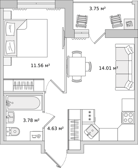 38 м², 1-комнатная квартира 8 175 336 ₽ - изображение 1