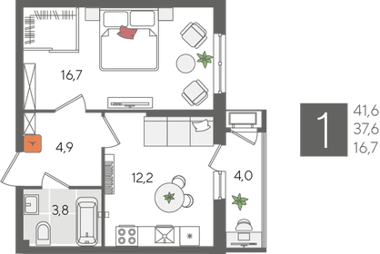 41,6 м², 1-комнатная квартира 10 196 160 ₽ - изображение 5