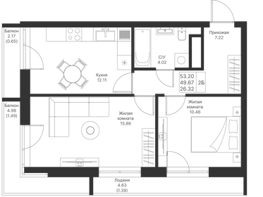 54 м², 2-комнатная квартира 9 500 000 ₽ - изображение 6