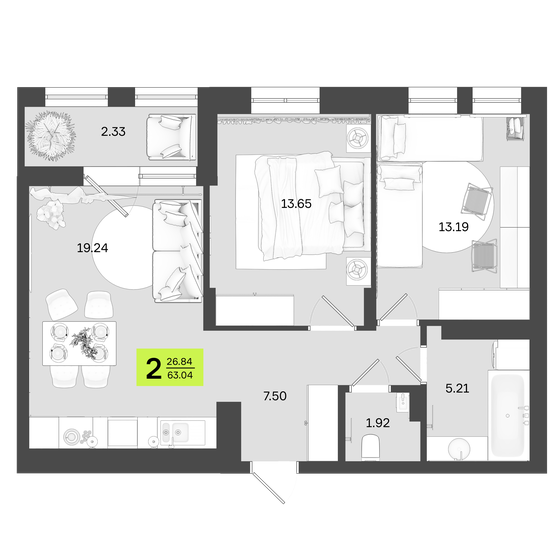 63 м², 2-комнатная квартира 10 086 400 ₽ - изображение 1