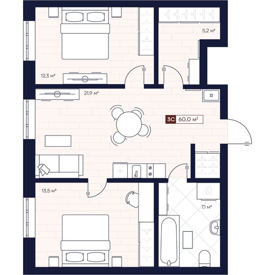 60 м², 3-комнатные апартаменты 8 500 000 ₽ - изображение 1