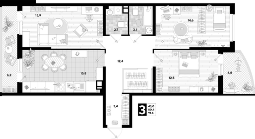 Квартира 91,4 м², 3-комнатная - изображение 2