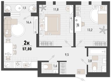 Квартира 57,8 м², 2-комнатная - изображение 1