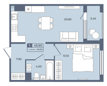 Квартира 45,6 м², 1-комнатная - изображение 1