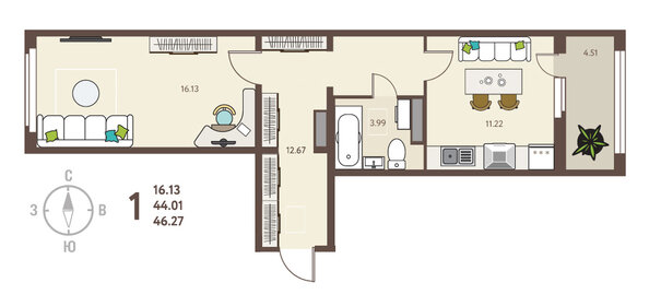 46,3 м², 1-комнатная квартира 5 089 700 ₽ - изображение 34