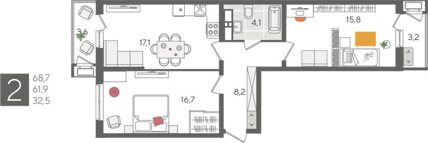 Квартира 68,7 м², 2-комнатная - изображение 2