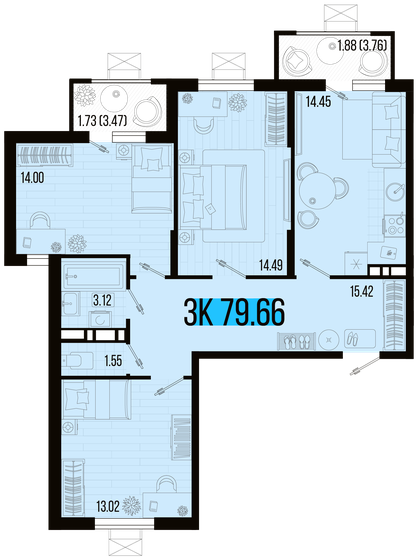 79,7 м², 3-комнатная квартира 7 499 989 ₽ - изображение 1