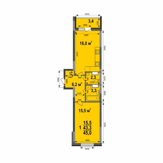 45 м², 1-комнатная квартира 4 185 000 ₽ - изображение 1