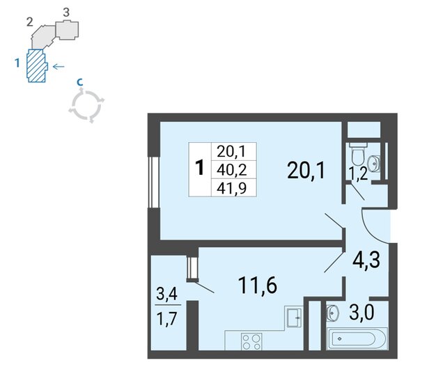 41,9 м², 1-комнатная квартира 10 629 890 ₽ - изображение 1