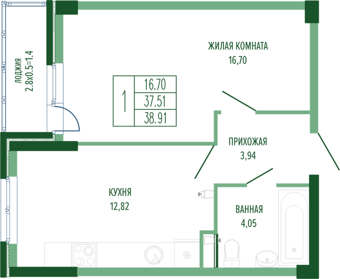 38,9 м², 1-комнатная квартира 11 021 258 ₽ - изображение 1