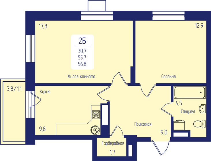 56,8 м², 2-комнатная квартира 8 804 000 ₽ - изображение 1