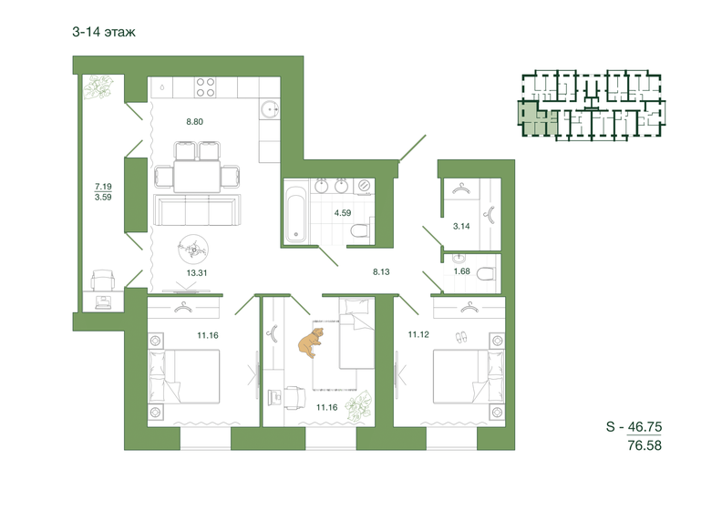 76,7 м², 3-комнатная квартира 7 361 280 ₽ - изображение 1