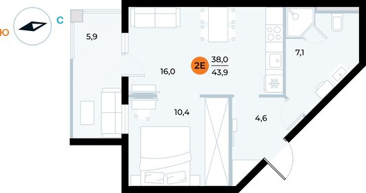 Квартира 43,9 м², 1-комнатные - изображение 1