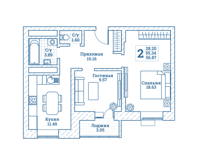 56,9 м², 2-комнатная квартира 6 341 005 ₽ - изображение 1