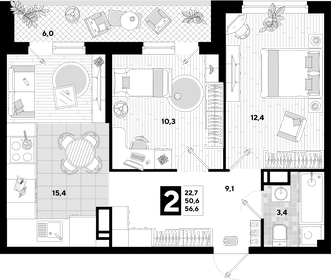 56 м², 2-комнатная квартира 1 000 000 ₽ - изображение 60