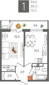 44,6 м², 1-комнатная квартира 8 398 180 ₽ - изображение 15