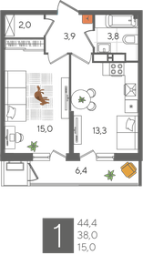 Квартира 44,4 м², 1-комнатная - изображение 2