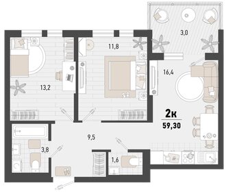 Квартира 59,3 м², 2-комнатная - изображение 1