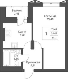 Квартира 37 м², 1-комнатная - изображение 1
