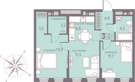 Квартира 58,7 м², 3-комнатная - изображение 1