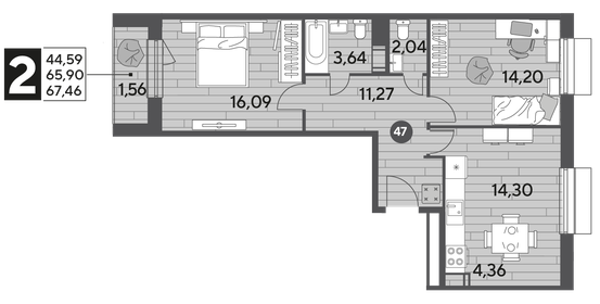 Квартира 67,5 м², 2-комнатная - изображение 1