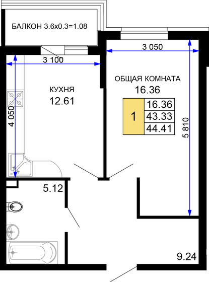45,9 м², 1-комнатная квартира 5 778 360 ₽ - изображение 1