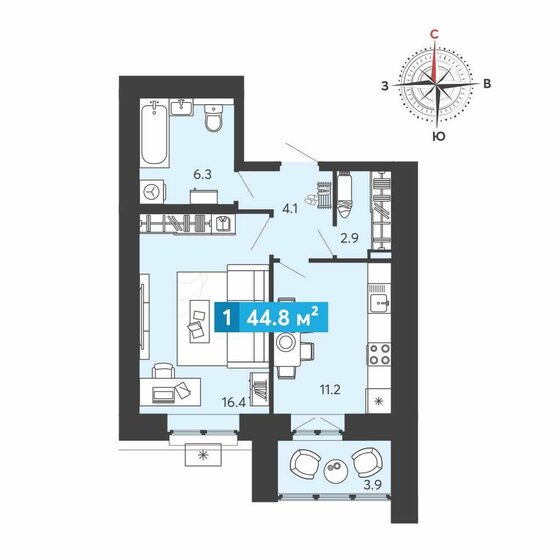 44,8 м², 1-комнатная квартира 4 036 470 ₽ - изображение 1