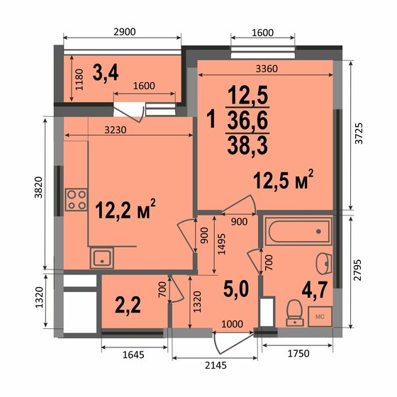 38,3 м², 1-комнатная квартира 3 600 200 ₽ - изображение 1