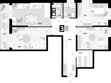 Квартира 78,4 м², 3-комнатная - изображение 2