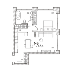 Квартира 67,4 м², 1-комнатные - изображение 2