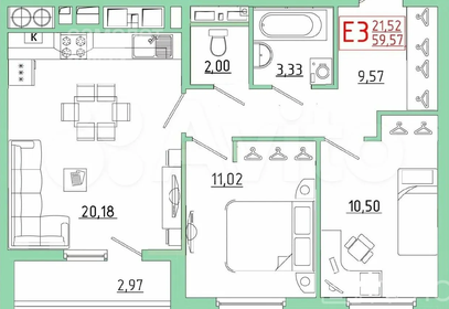 Квартира 59,6 м², 2-комнатная - изображение 1