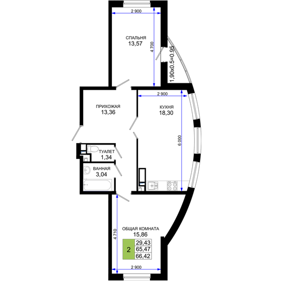 66,4 м², 2-комнатная квартира 7 704 720 ₽ - изображение 9