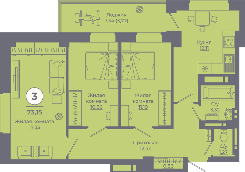 72,7 м², 3-комнатная квартира 9 274 350 ₽ - изображение 1