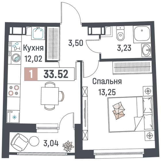 33,5 м², 1-комнатная квартира 5 919 632 ₽ - изображение 1