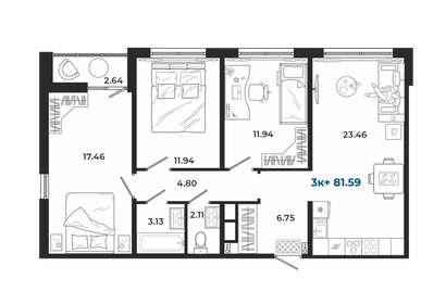 Квартира 80,5 м², 3-комнатная - изображение 1