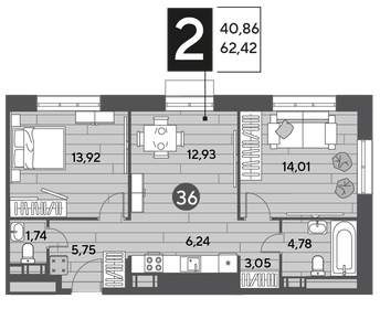 62,4 м², 2-комнатная квартира 8 926 060 ₽ - изображение 20