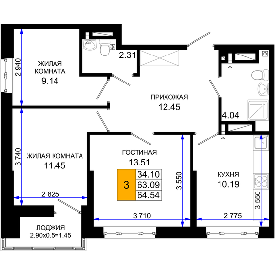 64,5 м², 3-комнатная квартира 7 422 100 ₽ - изображение 1