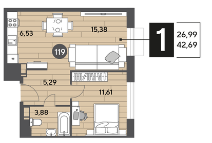 42,7 м², 1-комнатная квартира 7 005 429 ₽ - изображение 29