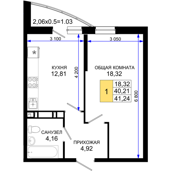 41,2 м², 1-комнатная квартира 5 196 240 ₽ - изображение 1