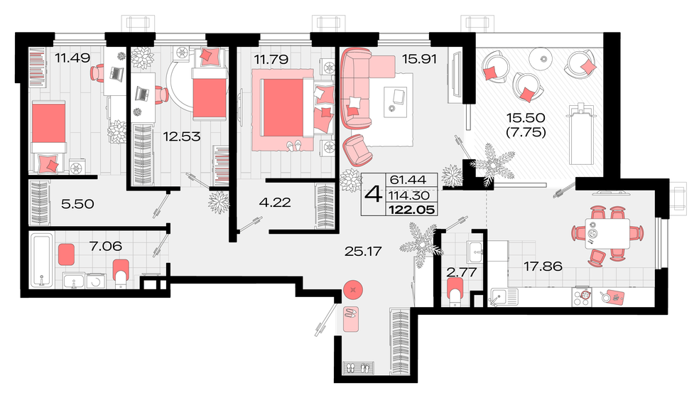 122,1 м², 4-комнатная квартира 15 128 098 ₽ - изображение 1