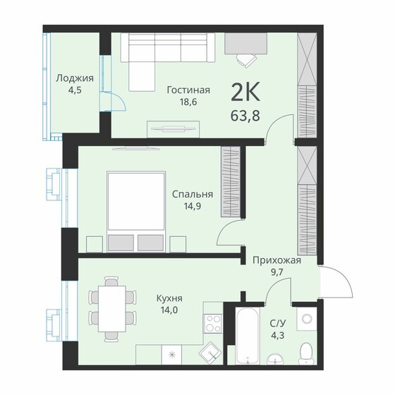 63,8 м², 2-комнатная квартира 7 550 000 ₽ - изображение 1