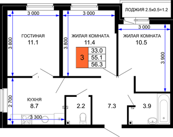 56,3 м², 3-комнатная квартира 6 530 800 ₽ - изображение 1