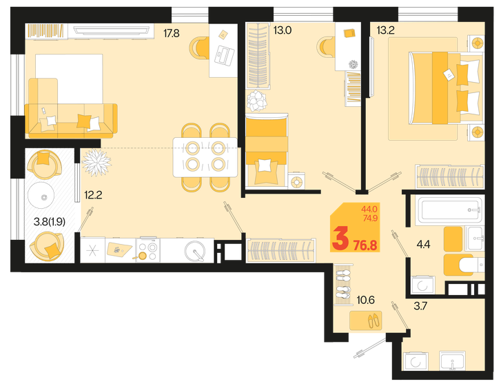 76,8 м², 3-комнатная квартира 9 139 200 ₽ - изображение 1