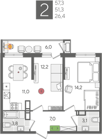 Квартира 57,3 м², 2-комнатная - изображение 2